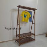 رگال لباس چوبی مدل دو طبقه تاجدار رنگ قهوه‌ای تیره