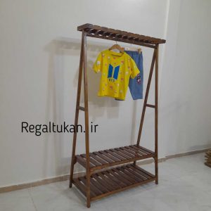 رگال لباس چوبی مدل دو طبقه تاجدار رنگ قهوه‌ای تیره